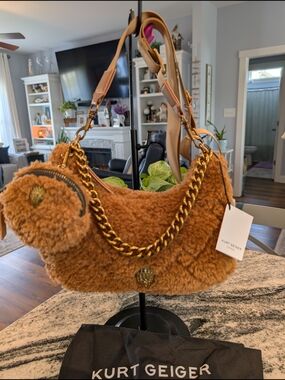 Kurt Geiger Tan Shearling Chain-Trim Shoulder Bag
